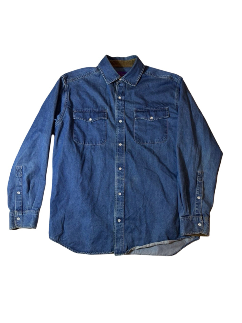 J.L. Powell Men’s Denim Pearl Snap Western Shirt Suede Collar Large